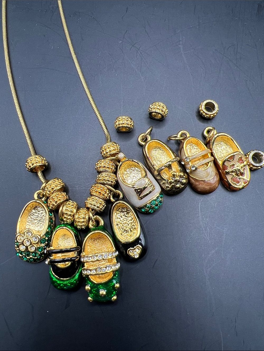 Gold and Green Pendant Necklace - Women Jewelry Three Tan Shoes and Spacers Incl